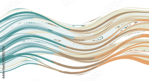 Abstract wavy lines in shades of blue and orange on white background.