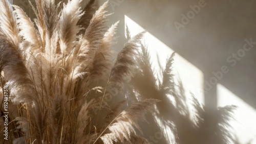 Bunch of dry grass is in the foreground of a room with a wall in the background. The grass is brown and he is dried out