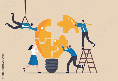 Team building, team collaboration for business idea, teamwork to solve problem, strategy plan to work together for success concept, businessmen and businesswomen team up to solve lightbulb ji.