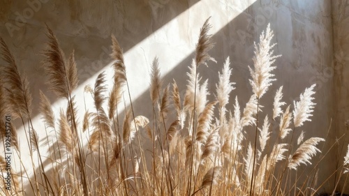 Field of tall, dry grass with the sun shining on it. The grass is brown and dry, and the sun is casting a warm glow on the scene