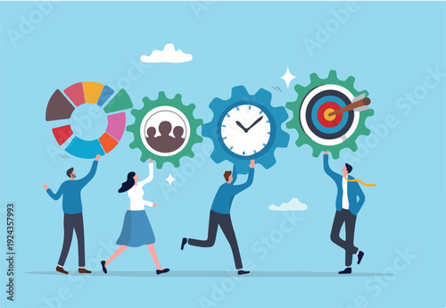Optimization, improvement or strategy to improve result to increase efficiency or productivity to reach goal or target success, business people connect cogwheel gear to optimize result to rea