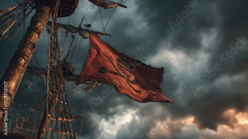Pirate ship with jolly roger flag sails under dramatic cloudy sky