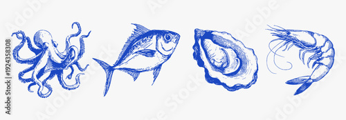 Seafood collection hand drawn ink line sketch. Mediterranean fish, octopus and shrimp drawings with a rough crayon for coastal restaurant branding and marine posters.