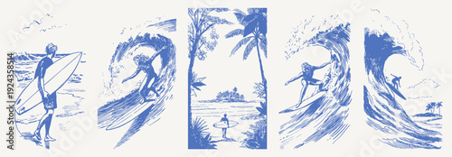 Surf lifestyle waves vintage hand drawn crayon sketch. Line drawing set with surfers carrying boards and riding curls. Graphic retro beach summer adventure collection.