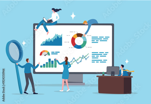 Chart and graph, datum research statistics, inforgraphic financial review, project planning diagram, business information analysis, business people help analyze data on computer monitor dashb