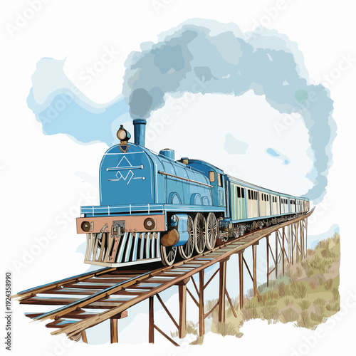 Train to the Clouds. Train to the Clouds hand drawn watercolor illustration