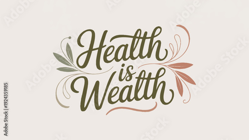 Minimal vector illustration of 'health is wealth' phrase with leafy design elements on beige background