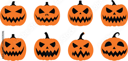 Eight carved jack o lanterns with different spooky faces