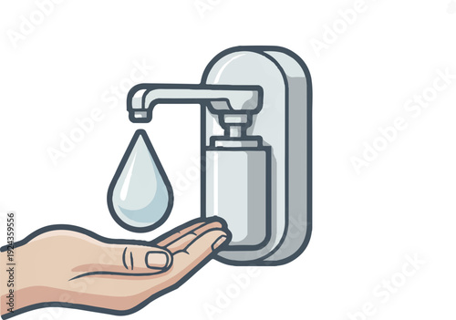 Hand under a wall mounted hand sanitizer dispenser with a drop of liquid