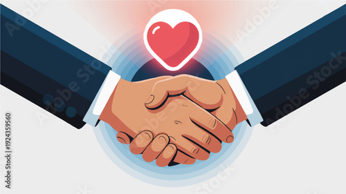 Business partnership handshake with heart symbol representing trust and agreement