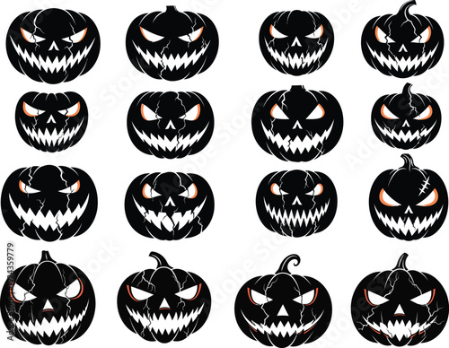 Collection of spooky black jack o lanterns for halloween