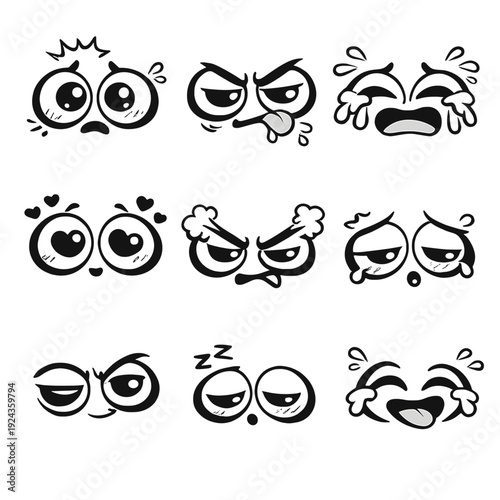 Hand drawn emoji face expressions with eyes and mouths: love, disgust, angry, crying, laughing, sleepy and smirk reactions. Black and white doodle sticker set for chats, comments and memes.
