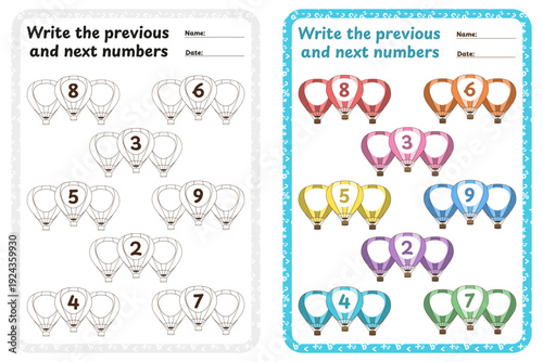 Set of Math Worksheets with Hot Air Balloons. Previous and Next Numbers