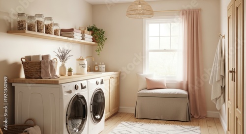 Laundry room interior featuring washing machines shelves and natural light design