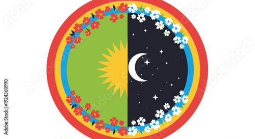 Day and Night Transition in Circular Composition with Blooming Flowers and Celestial Elements