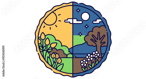 Day and Night Natural Landscape Split in Half with Sun Moon Stars Flowers and Trees