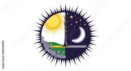 Symbolic Representation of Day and Night Transition with Bright Sun and Starry Moonlit Sky