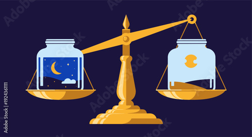 Conceptual Golden Balance Scale Weighing Restful Nights Sleep Against Monetary Wealth in Jars