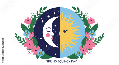 Harmonious Celestial Faces Embodying Spring Equinox Day and Night Surrounded by Blooming Floral Elements