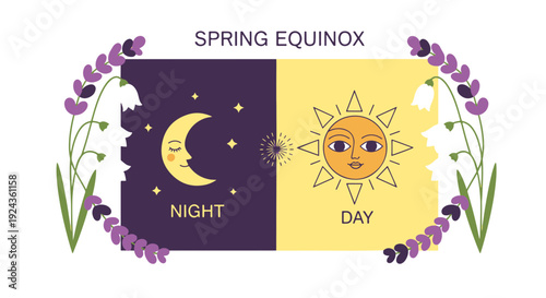 Spring Equinox Concept Showing Equal Day and Night with Sun and Moon Faces in a Floral Frame