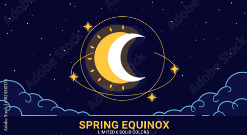 Celestial Spring Equinox Scene with Stylized Crescent Moon Orbiting Stars and Calm Clouds Design
