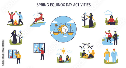 People Engaged in Spring Equinox Day Activities Including Nature Celebration Cleaning and Renewal