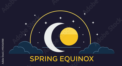 Spring Equinox Concept with Celestial Crescent Moon and Bright Sun in a Starry Dark Sky