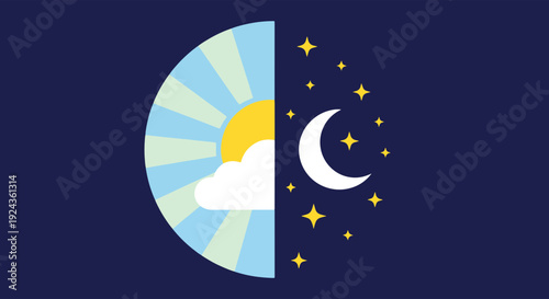 Day and Night Concept Showing Sun and Cloud Contrasting with Crescent Moon and Sparkling Stars