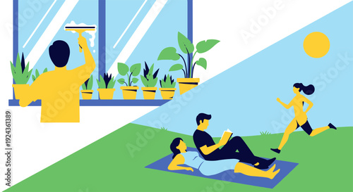 Person Cleaning Window Inside Home with Potted Plants Others Relaxing and Jogging Outside