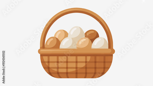 Brown wicker basket filled with assorted eggs on white background