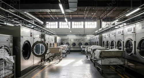 Industrial laundry room with washing machines and textile carts