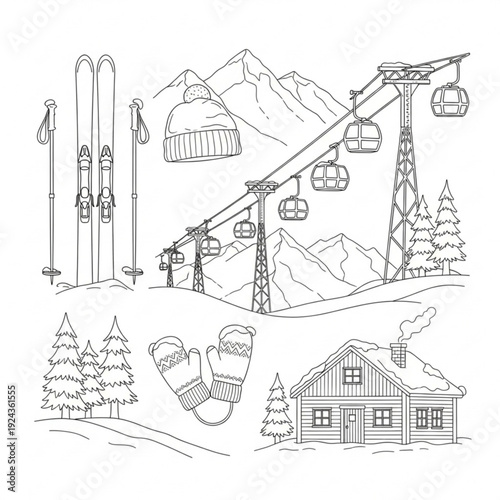 A black and white line art illustration of a ski resort with mountains, trees, a cabin, and skiing equipment