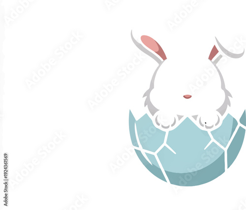 Cute white bunny emerging from cracked blue eggshell illustration