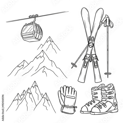 A black and white line art illustration of skiing and snowboarding equipment with mountains and a gondola