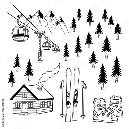 A black and white vector graphic illustration of a ski resort scene with a cabin, ski lift, trees, skis, and ski boots