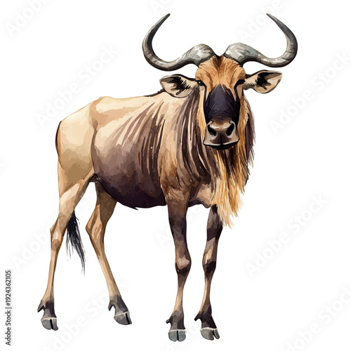 Wildebeest, watercolor painting vector, isolated on a white background.