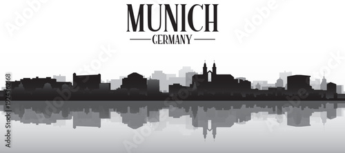 Black and white panoramic poster of the city skyline with misty background buildings and water reflection of MUNICH, GERMANY