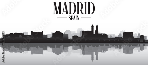Black and white panoramic poster of the city skyline with misty background buildings and water reflection of MADRID, SPAIN