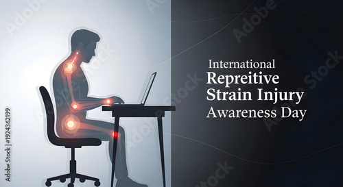 Silhouette of Man Working on Laptop with Pain – International Repetitive Strain Injury Awareness Day Concept