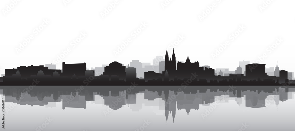 Fototapeta premium Black and white panoramic poster of the city skyline with misty background buildings and water reflection of PRAGUE, CZECH REPUBLIC