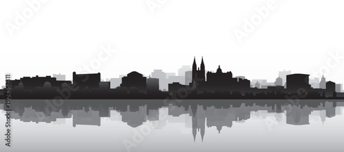 Black and white panoramic poster of the city skyline with misty background buildings and water reflection of PRAGUE, CZECH REPUBLIC