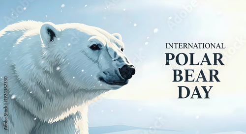 Polar Bear on Snowy Arctic Background – International Polar Bear Day Climate Change Awareness Concept