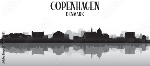 Black and white panoramic poster of the city skyline with misty background buildings and water reflection of COPENHAGEN, DENMARK