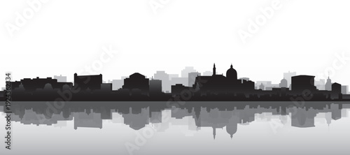 Black and white panoramic poster of the city skyline with misty background buildings and water reflection of COPENHAGEN, DENMARK