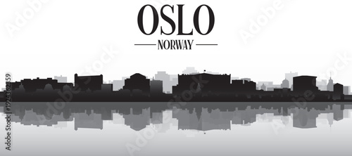 Black and white panoramic poster of the city skyline with misty background buildings and water reflection of OSLO, NORWAY