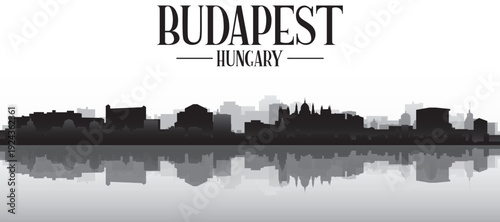 Black and white panoramic poster of the city skyline with misty background buildings and water reflection of BUDAPEST, HUNGARY