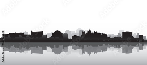 Black and white panoramic poster of the city skyline with misty background buildings and water reflection of BUDAPEST, HUNGARY