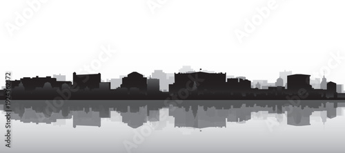 Black and white panoramic poster of the city skyline with misty background buildings and water reflection of OSLO, NORWAY