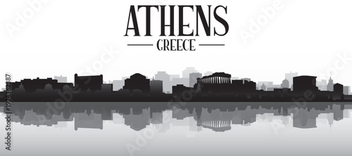 Black and white panoramic poster of the city skyline with misty background buildings and water reflection of ATHENS, GREECE