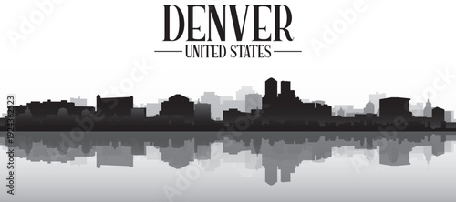 Black and white panoramic poster of the city skyline with misty background buildings and water reflection of DENVER, UNITED STATES